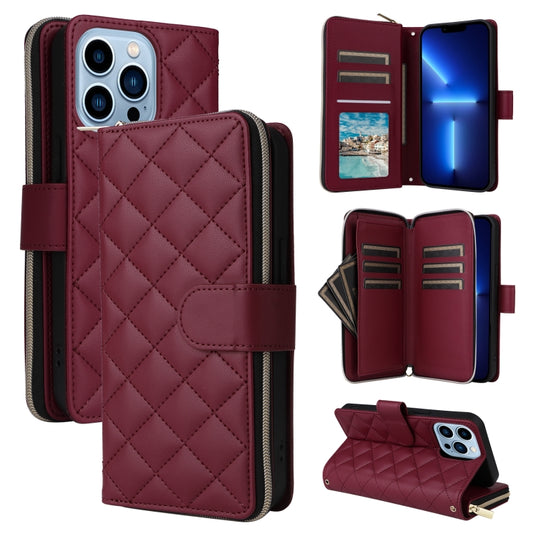 For iPhone 13 Pro Max Crossbody Rhombic Zipper Tower Buckle Leather Phone Case with Lanyard(Wine Red) - iPhone 13 Pro Max Cases by buy2fix | Online Shopping UK | buy2fix