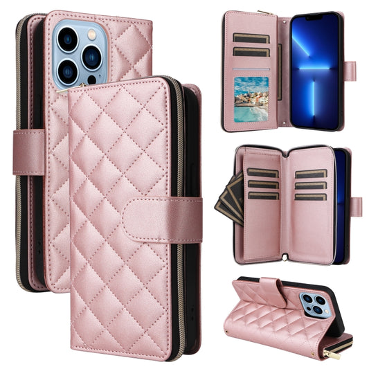 For iPhone 13 Pro Max Crossbody Rhombic Zipper Tower Buckle Leather Phone Case with Lanyard(Rose Gold) - iPhone 13 Pro Max Cases by buy2fix | Online Shopping UK | buy2fix