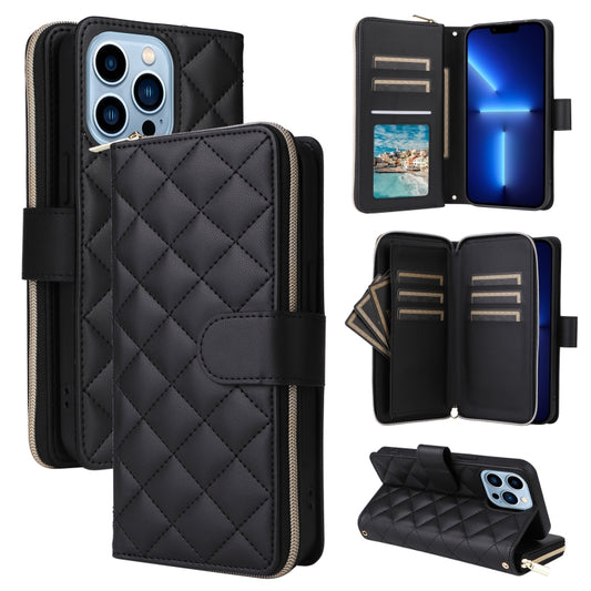 For iPhone 13 Pro Max Crossbody Rhombic Zipper Tower Buckle Leather Phone Case with Lanyard(Black) - iPhone 13 Pro Max Cases by buy2fix | Online Shopping UK | buy2fix