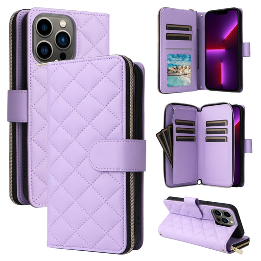 For iPhone 13 Pro Crossbody Rhombic Zipper Tower Buckle Leather Phone Case with Lanyard(Purple) - iPhone 13 Pro Cases by buy2fix | Online Shopping UK | buy2fix