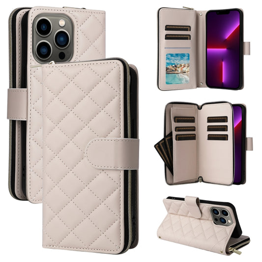 For iPhone 13 Pro Crossbody Rhombic Zipper Tower Buckle Leather Phone Case with Lanyard(Beige) - iPhone 13 Pro Cases by buy2fix | Online Shopping UK | buy2fix
