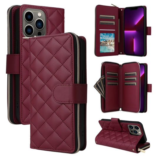 For iPhone 13 Pro Crossbody Rhombic Zipper Tower Buckle Leather Phone Case with Lanyard(Wine Red) - iPhone 13 Pro Cases by buy2fix | Online Shopping UK | buy2fix