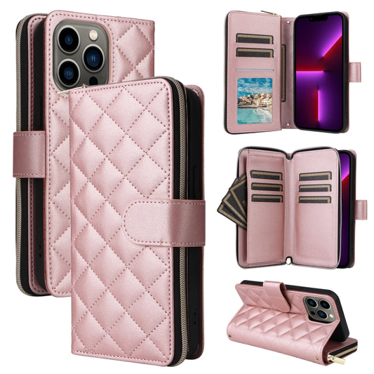 For iPhone 13 Pro Crossbody Rhombic Zipper Tower Buckle Leather Phone Case with Lanyard(Rose Gold) - iPhone 13 Pro Cases by buy2fix | Online Shopping UK | buy2fix