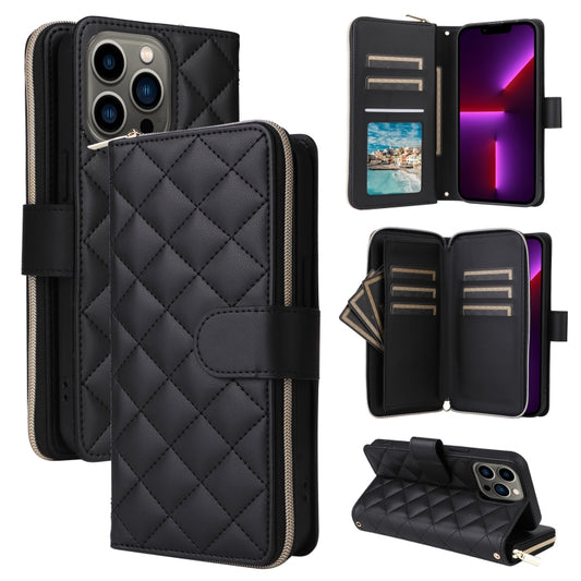 For iPhone 13 Pro Crossbody Rhombic Zipper Tower Buckle Leather Phone Case with Lanyard(Black) - iPhone 13 Pro Cases by buy2fix | Online Shopping UK | buy2fix
