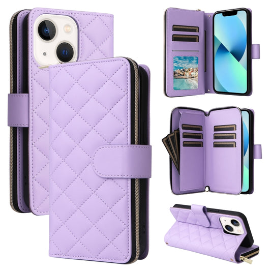 For iPhone 13 mini Crossbody Rhombic Zipper Tower Buckle Leather Phone Case with Lanyard(Purple) - iPhone 13 mini Cases by buy2fix | Online Shopping UK | buy2fix