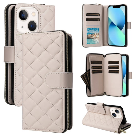 For iPhone 13 mini Crossbody Rhombic Zipper Tower Buckle Leather Phone Case with Lanyard(Beige) - iPhone 13 mini Cases by buy2fix | Online Shopping UK | buy2fix