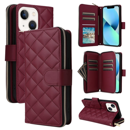 For iPhone 13 mini Crossbody Rhombic Zipper Tower Buckle Leather Phone Case with Lanyard(Wine Red) - iPhone 13 mini Cases by buy2fix | Online Shopping UK | buy2fix