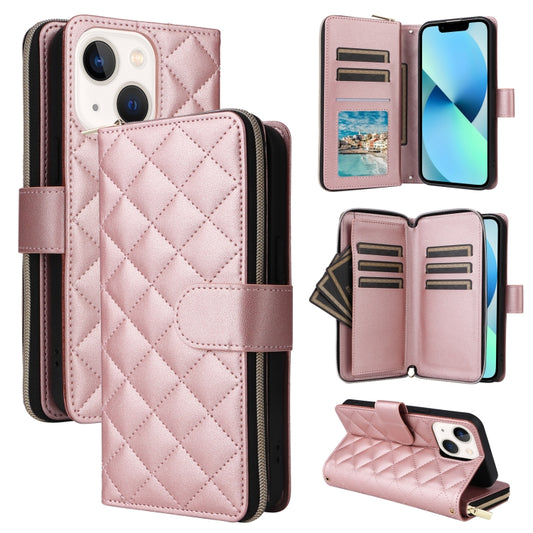 For iPhone 13 mini Crossbody Rhombic Zipper Tower Buckle Leather Phone Case with Lanyard(Rose Gold) - iPhone 13 mini Cases by buy2fix | Online Shopping UK | buy2fix