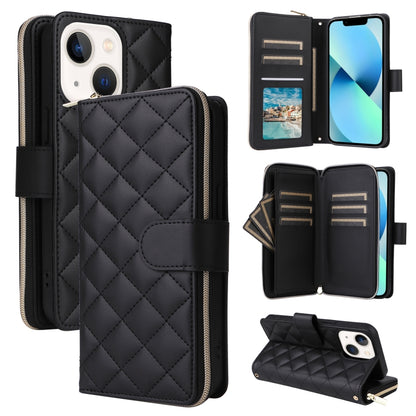 For iPhone 13 mini Crossbody Rhombic Zipper Tower Buckle Leather Phone Case with Lanyard(Black) - iPhone 13 mini Cases by buy2fix | Online Shopping UK | buy2fix