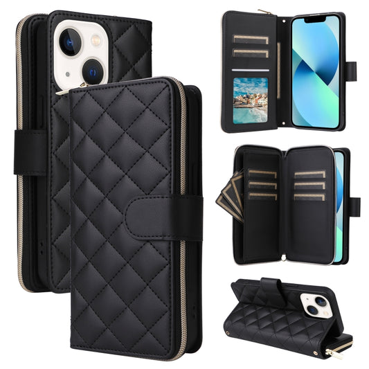 For iPhone 13 mini Crossbody Rhombic Zipper Tower Buckle Leather Phone Case with Lanyard(Black) - iPhone 13 mini Cases by buy2fix | Online Shopping UK | buy2fix