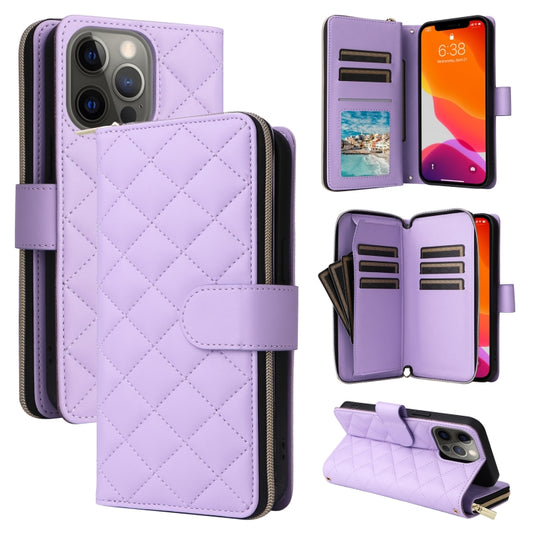 For iPhone 12 / 12 Pro Crossbody Rhombic Zipper Tower Buckle Leather Phone Case with Lanyard(Purple) - iPhone 12 / 12 Pro Cases by buy2fix | Online Shopping UK | buy2fix