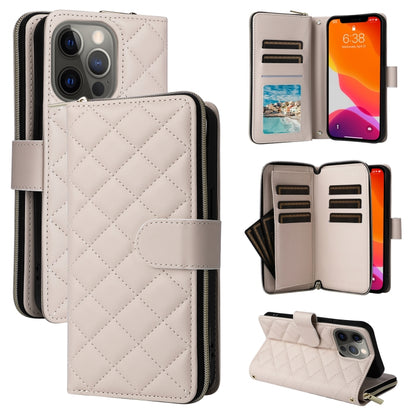 For iPhone 12/12 Pro Crossbody Rhombic Zipper Tower Buckle Leather Phone Case with Lanyard(Beige) - iPhone 12 / 12 Pro Cases by buy2fix | Online Shopping UK | buy2fix