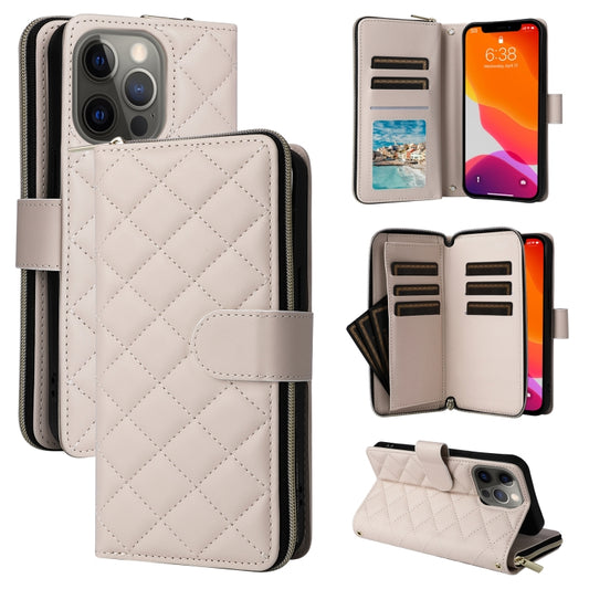 For iPhone 12/12 Pro Crossbody Rhombic Zipper Tower Buckle Leather Phone Case with Lanyard(Beige) - iPhone 12 / 12 Pro Cases by buy2fix | Online Shopping UK | buy2fix