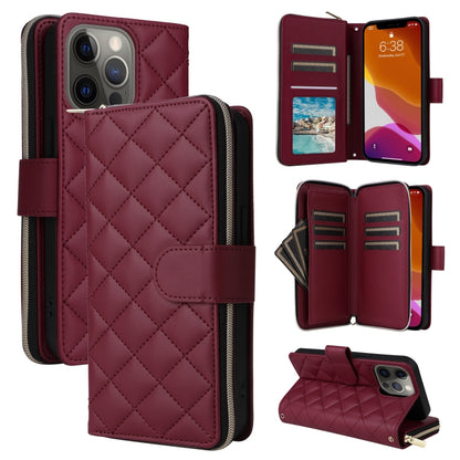 For iPhone 12 / 12 Pro Crossbody Rhombic Zipper Tower Buckle Leather Phone Case with Lanyard(Wine Red) - iPhone 12 / 12 Pro Cases by buy2fix | Online Shopping UK | buy2fix