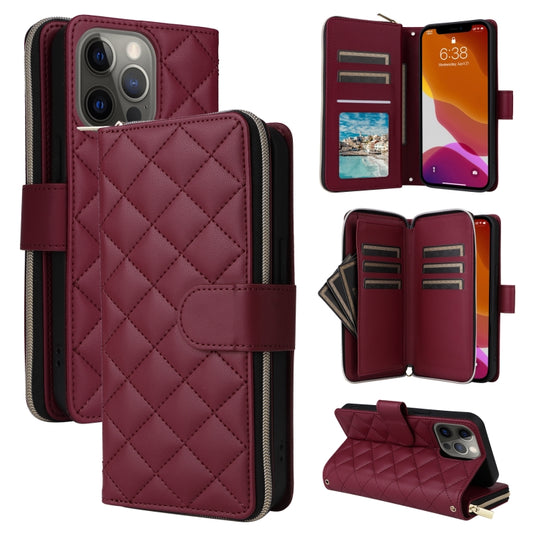 For iPhone 12 / 12 Pro Crossbody Rhombic Zipper Tower Buckle Leather Phone Case with Lanyard(Wine Red) - iPhone 12 / 12 Pro Cases by buy2fix | Online Shopping UK | buy2fix