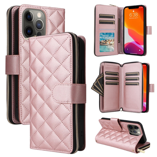 For iPhone 12 / 12 Pro Crossbody Rhombic Zipper Tower Buckle Leather Phone Case with Lanyard(Rose Gold) - iPhone 12 / 12 Pro Cases by buy2fix | Online Shopping UK | buy2fix