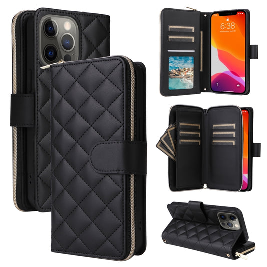 For iPhone 12 / 12 Pro Crossbody Rhombic Zipper Tower Buckle Leather Phone Case with Lanyard(Black) - iPhone 12 / 12 Pro Cases by buy2fix | Online Shopping UK | buy2fix