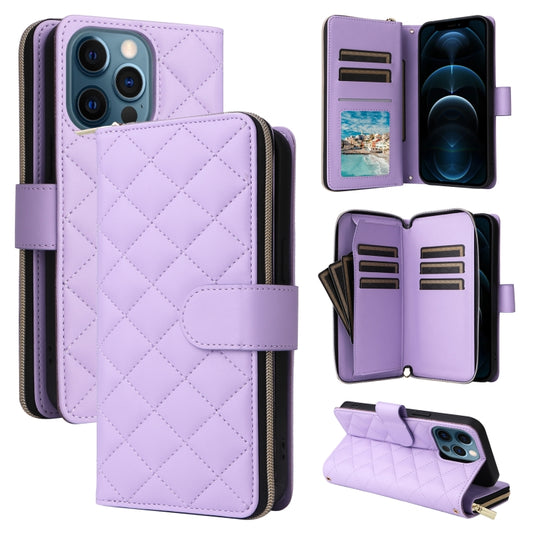 For iPhone 12 Pro Max Crossbody Rhombic Zipper Tower Buckle Leather Phone Case with Lanyard(Purple) - iPhone 12 Pro Max Cases by buy2fix | Online Shopping UK | buy2fix