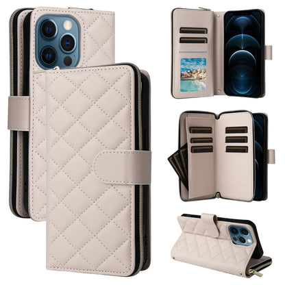 For iPhone 12 Pro Max Crossbody Rhombic Zipper Tower Buckle Leather Phone Case with Lanyard(Beige) - iPhone 12 Pro Max Cases by buy2fix | Online Shopping UK | buy2fix