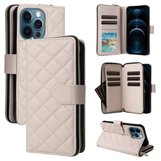 For iPhone 12 Pro Max Crossbody Rhombic Zipper Tower Buckle Leather Phone Case with Lanyard(Beige) - iPhone 12 Pro Max Cases by buy2fix | Online Shopping UK | buy2fix