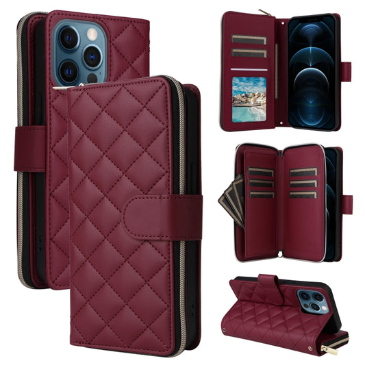 For iPhone 12 Pro Max Crossbody Rhombic Zipper Tower Buckle Leather Phone Case with Lanyard(Wine Red) - iPhone 12 Pro Max Cases by buy2fix | Online Shopping UK | buy2fix
