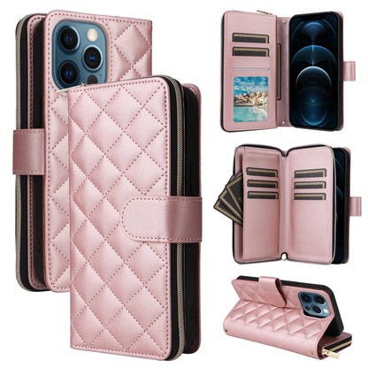 For iPhone 12 Pro Max Crossbody Rhombic Zipper Tower Buckle Leather Phone Case with Lanyard(Rose Gold) - iPhone 12 Pro Max Cases by buy2fix | Online Shopping UK | buy2fix