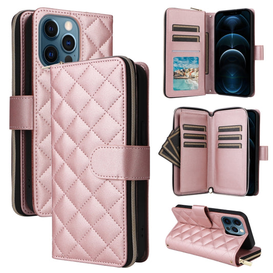 For iPhone 12 Pro Max Crossbody Rhombic Zipper Tower Buckle Leather Phone Case with Lanyard(Rose Gold) - iPhone 12 Pro Max Cases by buy2fix | Online Shopping UK | buy2fix