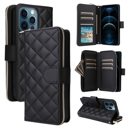 For iPhone 12 Pro Max Crossbody Rhombic Zipper Tower Buckle Leather Phone Case with Lanyard(Black) - iPhone 12 Pro Max Cases by buy2fix | Online Shopping UK | buy2fix