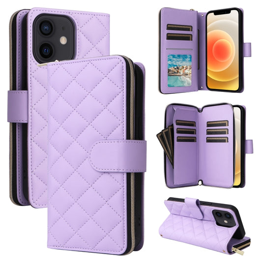 For iPhone 12 mini Crossbody Rhombic Zipper Tower Buckle Leather Phone Case with Lanyard(Purple) - iPhone 12 mini Cases by buy2fix | Online Shopping UK | buy2fix