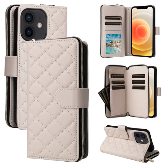 For iPhone 12 mini Crossbody Rhombic Zipper Tower Buckle Leather Phone Case with Lanyard(Beige) - iPhone 12 mini Cases by buy2fix | Online Shopping UK | buy2fix