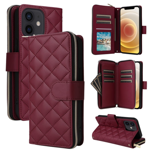 For iPhone 12 mini Crossbody Rhombic Zipper Tower Buckle Leather Phone Case with Lanyard(Wine Red) - iPhone 12 mini Cases by buy2fix | Online Shopping UK | buy2fix