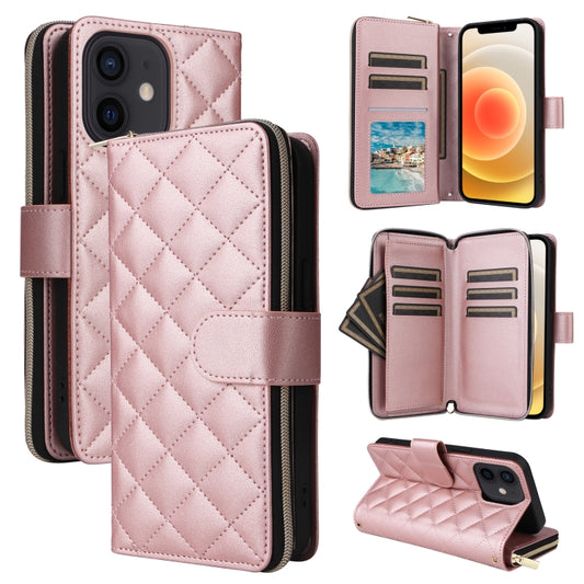 For iPhone 12 mini Crossbody Rhombic Zipper Tower Buckle Leather Phone Case with Lanyard(Rose Gold) - iPhone 12 mini Cases by buy2fix | Online Shopping UK | buy2fix
