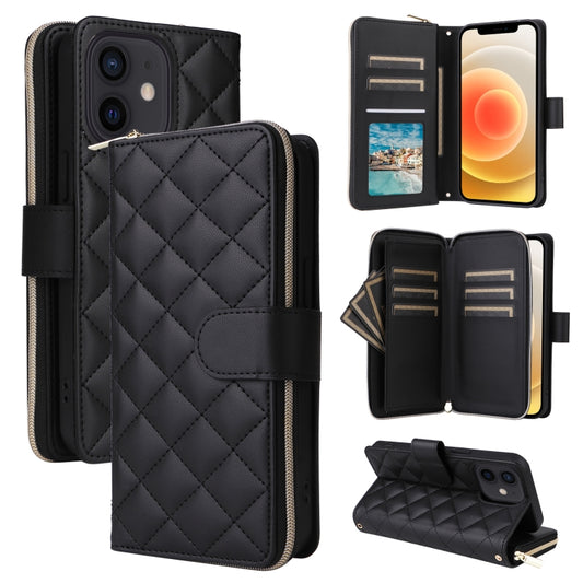 For iPhone 12 mini Crossbody Rhombic Zipper Tower Buckle Leather Phone Case with Lanyard(Black) - iPhone 12 mini Cases by buy2fix | Online Shopping UK | buy2fix