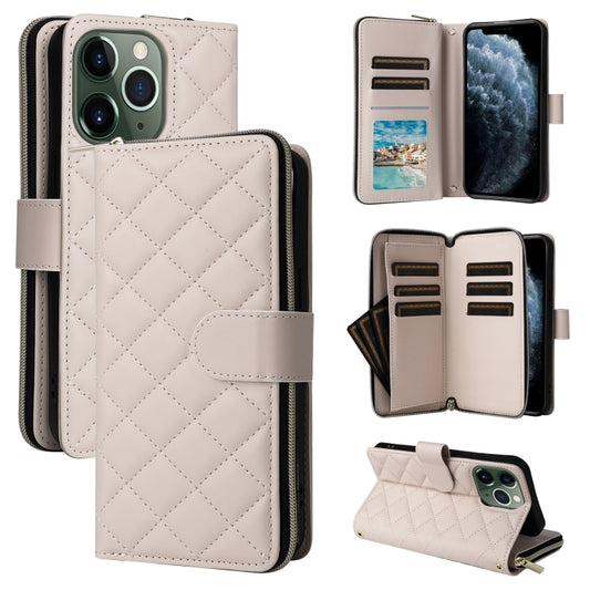 For iPhone 11 Pro Max Crossbody Rhombic Zipper Tower Buckle Leather Phone Case with Lanyard(Beige) - iPhone 11 Pro Max Cases by buy2fix | Online Shopping UK | buy2fix