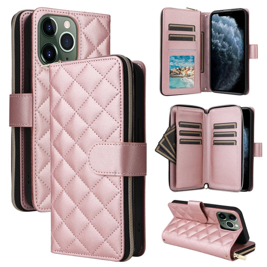 For iPhone 11 Pro Max Crossbody Rhombic Zipper Tower Buckle Leather Phone Case with Lanyard(Rose Gold) - iPhone 11 Pro Max Cases by buy2fix | Online Shopping UK | buy2fix