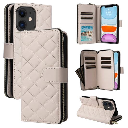For iPhone 11 Crossbody Rhombic Zipper Tower Buckle Leather Phone Case with Lanyard(Beige) - iPhone 11 Cases by buy2fix | Online Shopping UK | buy2fix
