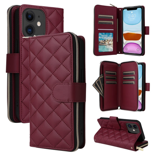 For iPhone 11 Crossbody Rhombic Zipper Tower Buckle Leather Phone Case with Lanyard(Wine Red) - iPhone 11 Cases by buy2fix | Online Shopping UK | buy2fix