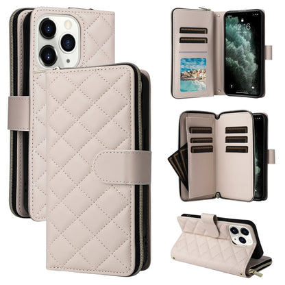 For iPhone 11 Pro Crossbody Rhombic Zipper Tower Buckle Leather Phone Case with Lanyard(Beige) - iPhone 11 Pro Cases by buy2fix | Online Shopping UK | buy2fix