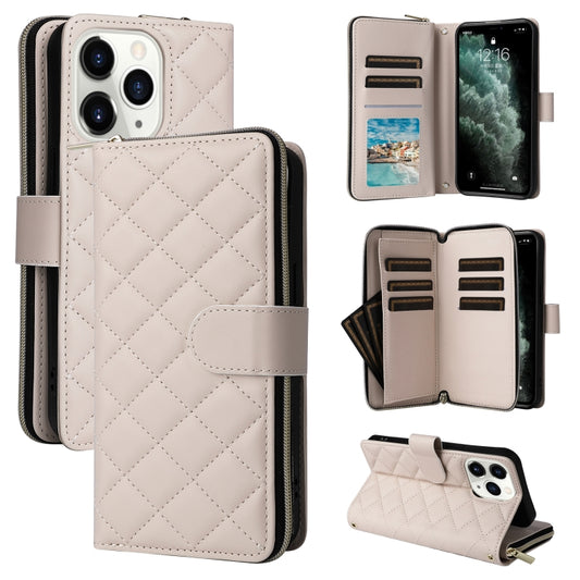 For iPhone 11 Pro Crossbody Rhombic Zipper Tower Buckle Leather Phone Case with Lanyard(Beige) - iPhone 11 Pro Cases by buy2fix | Online Shopping UK | buy2fix