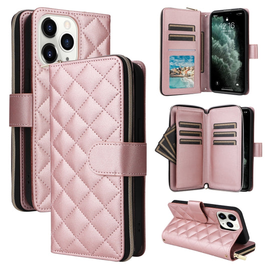 For iPhone 11 Pro Crossbody Rhombic Zipper Tower Buckle Leather Phone Case with Lanyard(Rose Gold) - iPhone 11 Pro Cases by buy2fix | Online Shopping UK | buy2fix