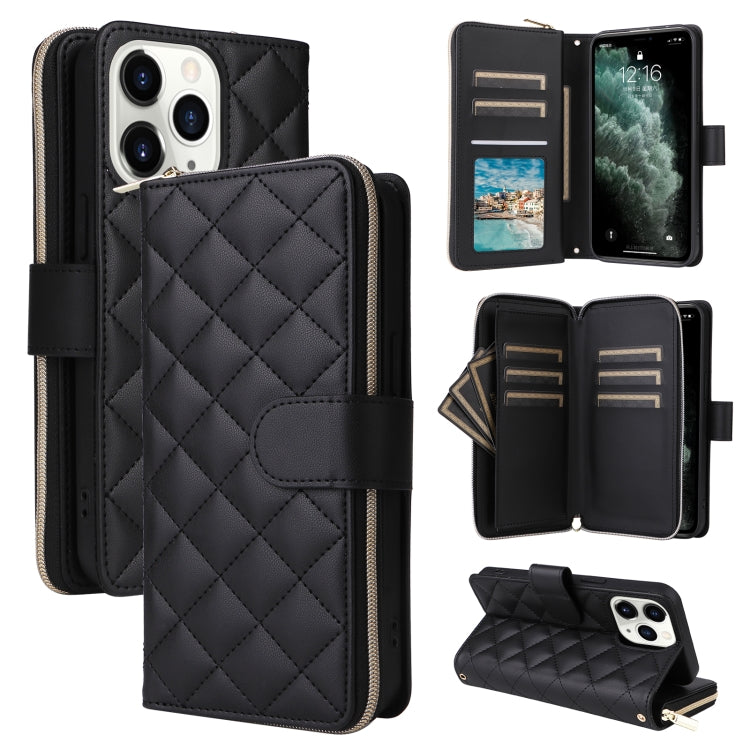 For iPhone 11 Pro Crossbody Rhombic Zipper Tower Buckle Leather Phone Case with Lanyard(Black) - iPhone 11 Pro Cases by buy2fix | Online Shopping UK | buy2fix