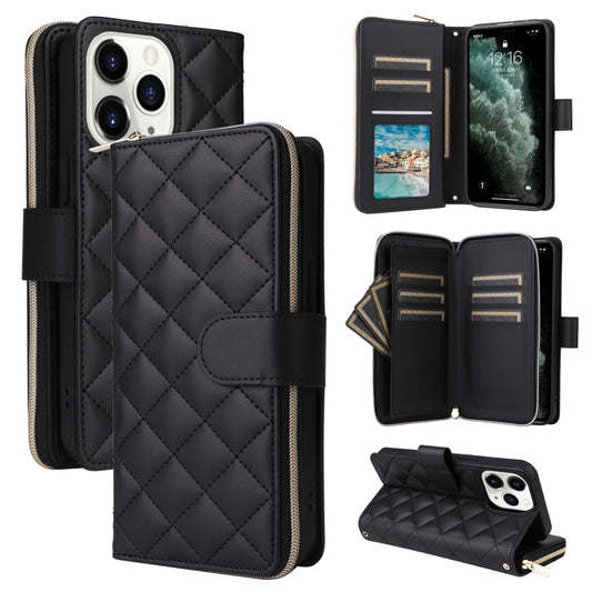 For iPhone 11 Pro Crossbody Rhombic Zipper Tower Buckle Leather Phone Case with Lanyard(Black) - iPhone 11 Pro Cases by buy2fix | Online Shopping UK | buy2fix