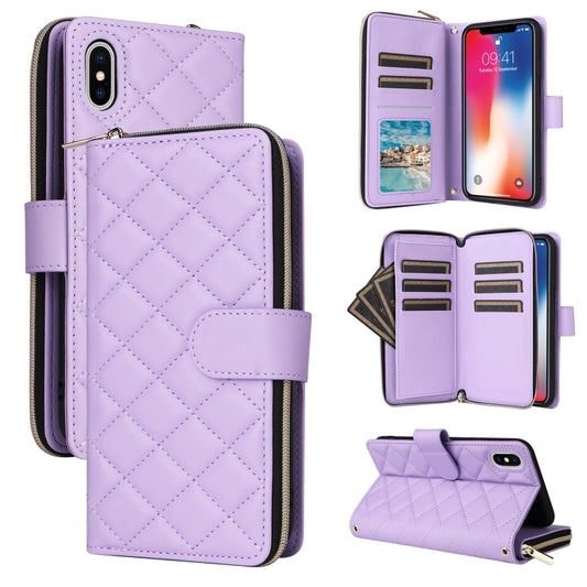 For iPhone X / XS Crossbody Rhombic Zipper Tower Buckle Leather Phone Case with Lanyard(Purple) - More iPhone Cases by buy2fix | Online Shopping UK | buy2fix
