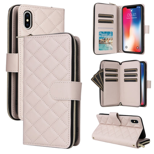 For iPhone XS / X Crossbody Rhombic Zipper Tower Buckle Leather Phone Case with Lanyard(Beige) - More iPhone Cases by buy2fix | Online Shopping UK | buy2fix