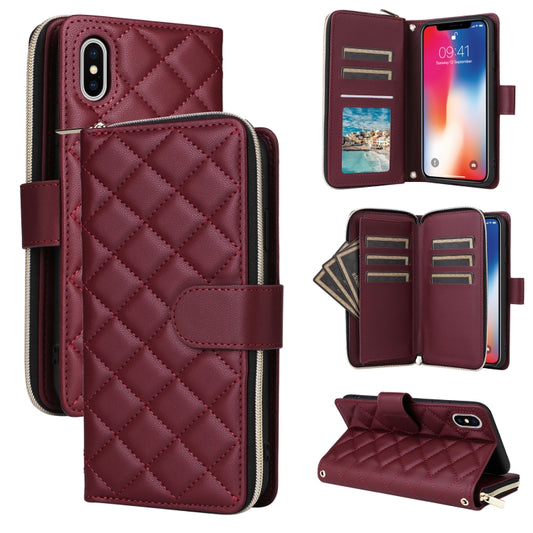 For iPhone X / XS Crossbody Rhombic Zipper Tower Buckle Leather Phone Case with Lanyard(Wine Red) - More iPhone Cases by buy2fix | Online Shopping UK | buy2fix