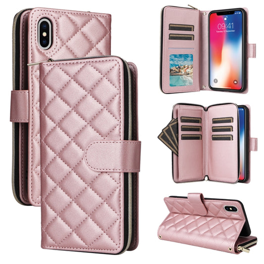 For iPhone XS / X Crossbody Rhombic Zipper Tower Buckle Leather Phone Case with Lanyard(Rose Gold) - More iPhone Cases by buy2fix | Online Shopping UK | buy2fix