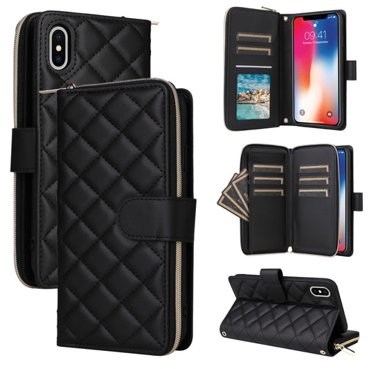 For iPhone X / XS Crossbody Rhombic Zipper Tower Buckle Leather Phone Case with Lanyard(Black) - More iPhone Cases by buy2fix | Online Shopping UK | buy2fix