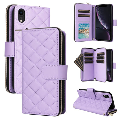 For iPhone XR Crossbody Rhombic Zipper Tower Buckle Leather Phone Case with Lanyard(Purple) - More iPhone Cases by buy2fix | Online Shopping UK | buy2fix