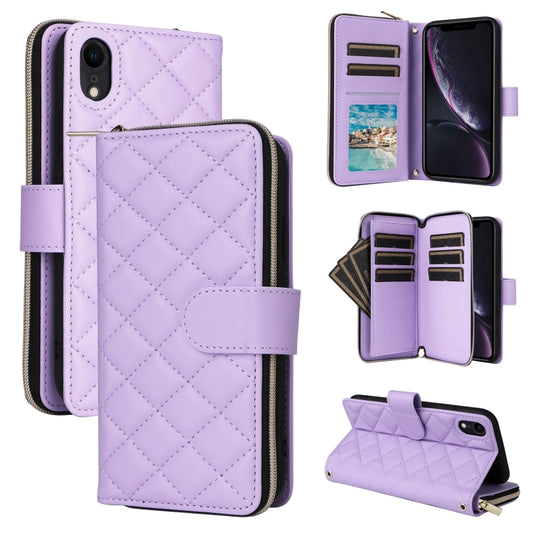For iPhone XR Crossbody Rhombic Zipper Tower Buckle Leather Phone Case with Lanyard(Purple) - More iPhone Cases by buy2fix | Online Shopping UK | buy2fix