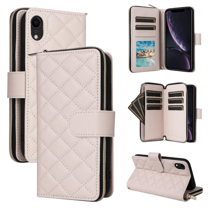 For iPhone XR Crossbody Rhombic Zipper Tower Buckle Leather Phone Case with Lanyard(Beige) - More iPhone Cases by buy2fix | Online Shopping UK | buy2fix